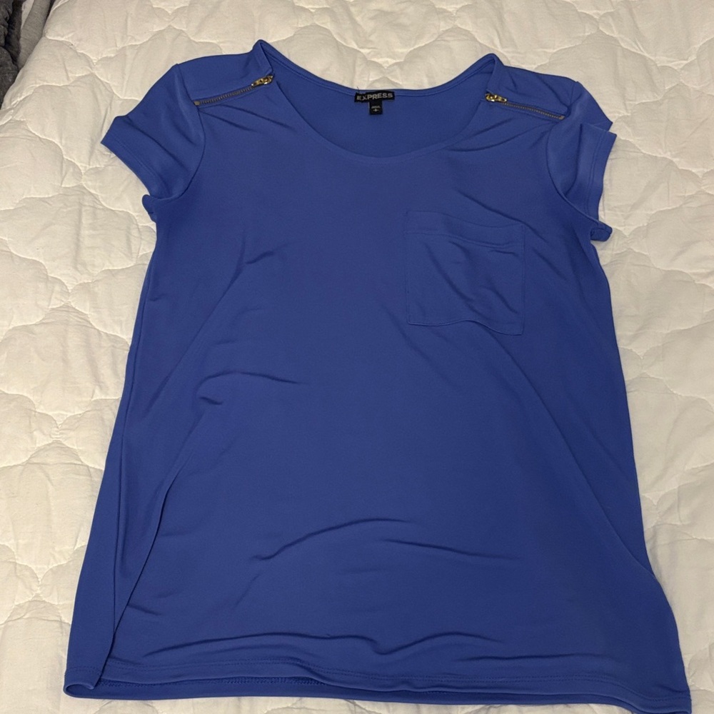 Express Royal Blue Short Sleeve Top with Zipper Accents